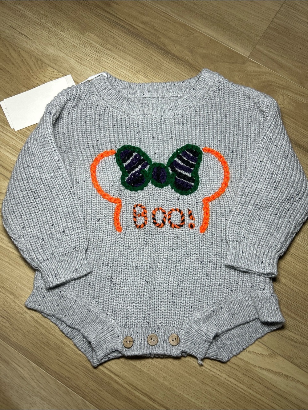 Gray Knit Baby Romper with Halloween Bow and "Boo!" Detail